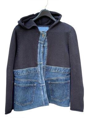 Stunning Shannon Passero Up-Cycled Denim & Knit Hybrid Hooded Sweater Jacket